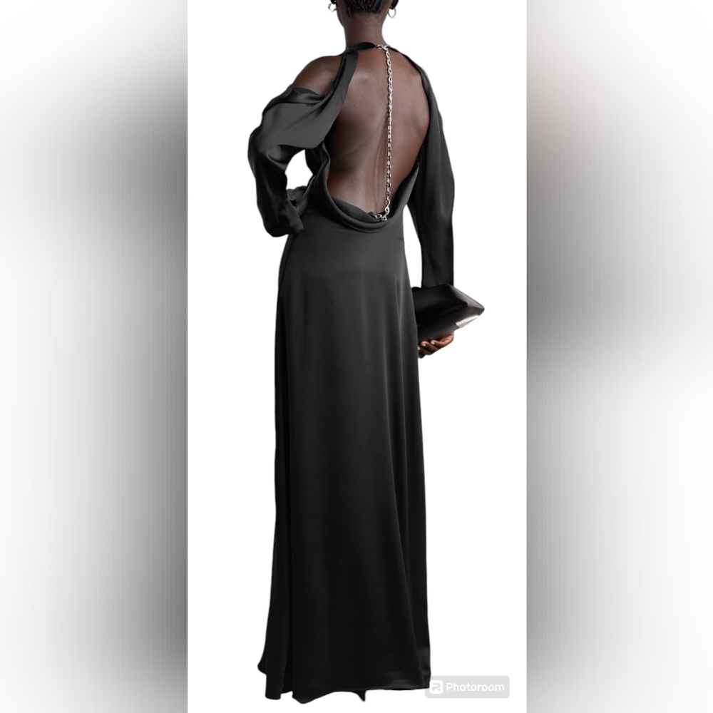 Jonathan Simkhai Caitlyn Size 2 Black Fluid Backless Silver Chainlink Maxi Gown